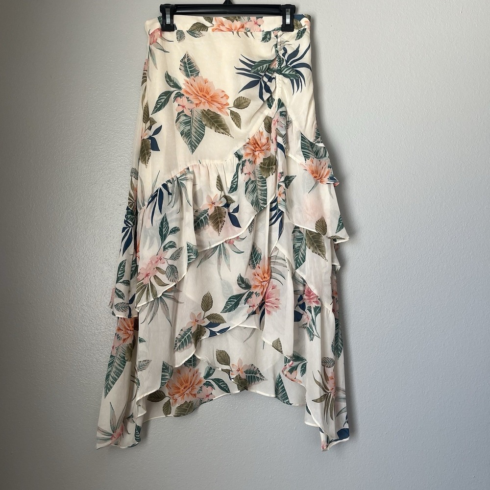 Guess Maritza Floral Tropical Print Asymmetrical Hem‎ Ruffle Skirt sz Medium